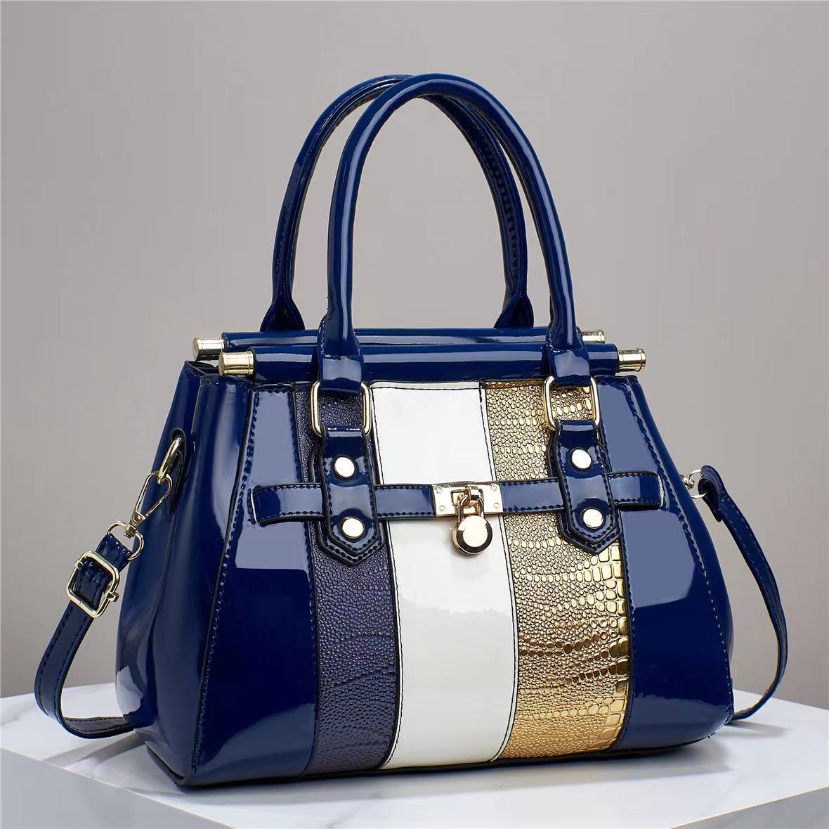 Vertical Stitching Bright Leather Lizard Pattern Large Capacity Shoulder Bag